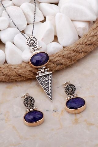 Safir Antik Tasarım Elişi Gümüş Set 2102