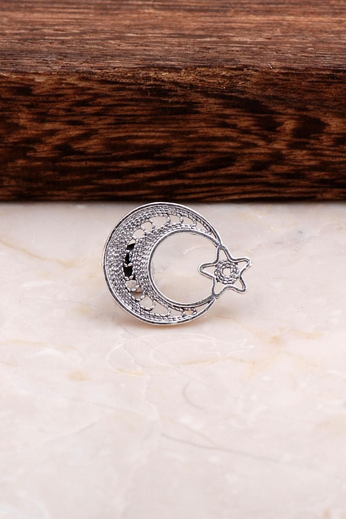 Telkari İşçilikli Gümüş Ay Yıldız Rozet 03