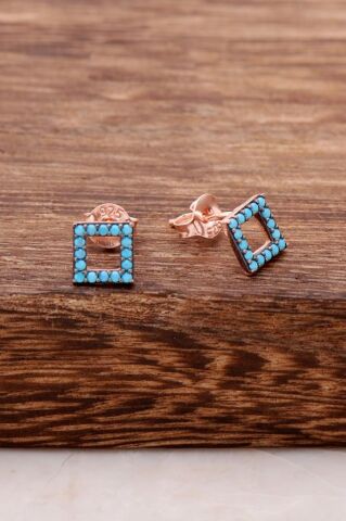 Turkuaz Taşlı Kare Tasarım Rose Gümüş Küpe 3781