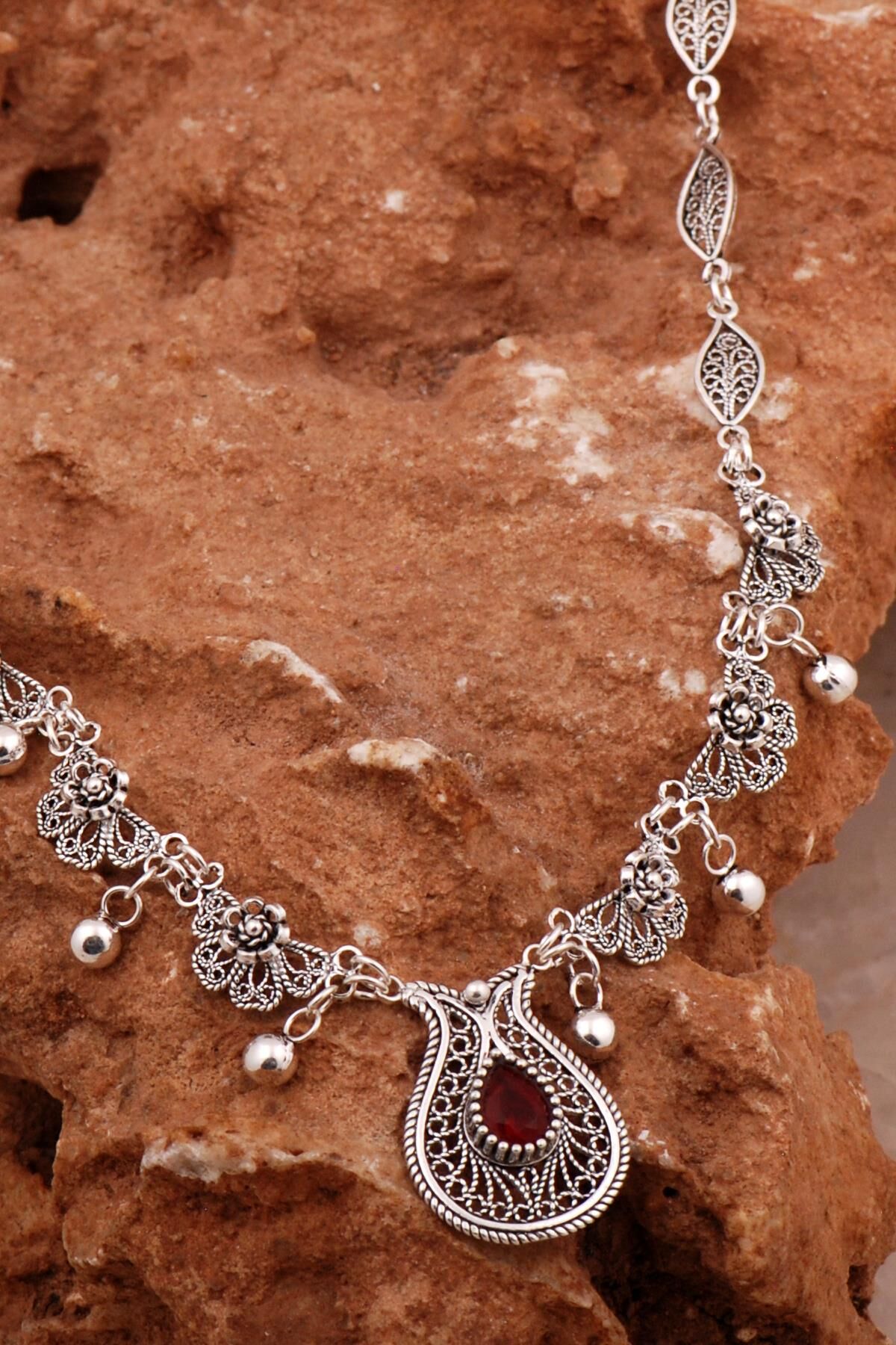 Yakut Laleli Telkari İşlemeli Gümüş Gerdanlık Kolye 8013