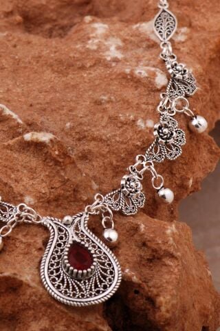 Yakut Laleli Telkari İşlemeli Gümüş Gerdanlık Kolye 8013