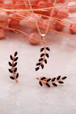 Yaprak Tasarım Siyah Rose Gümüş İkili Set 2343