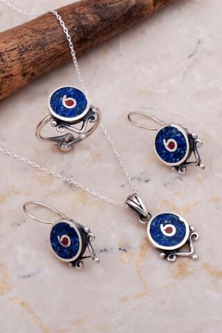 Antik Mozaik İşlemeli Lapis Lazuli Taşlı Gümüş Set 2635