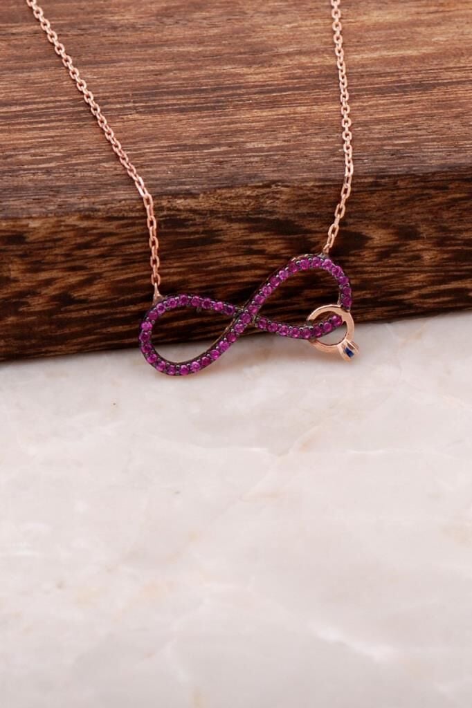 Rubin Taşlı Sonsuzluk Tasarımlı Rose Gümüş Kolye 1681