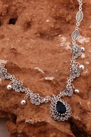 Safir Damla Telkari İşlemeli Gümüş Gerdanlık Kolye 8014