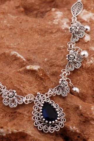 Safir Damla Telkari İşlemeli Gümüş Gerdanlık Kolye 8014