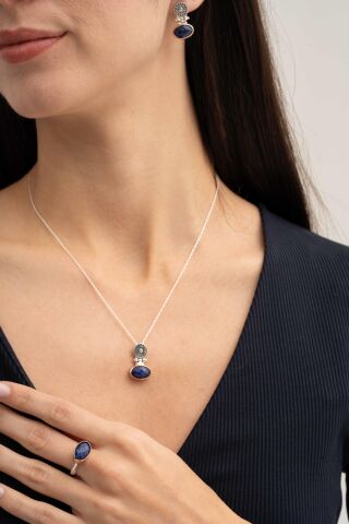 Safir Taşlı Antik Elişi Gümüş Set 2839