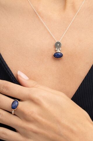 Safir Taşlı Antik Elişi Gümüş Set 2839