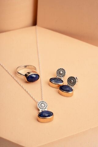 Safir Taşlı Antik Elişi Gümüş Set 2839