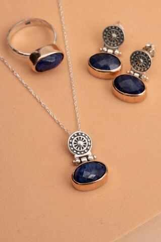 Safir Taşlı Antik Elişi Gümüş Set 2839