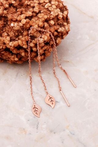 Yaprak Rose Gümüş Zincir Küpe 5191