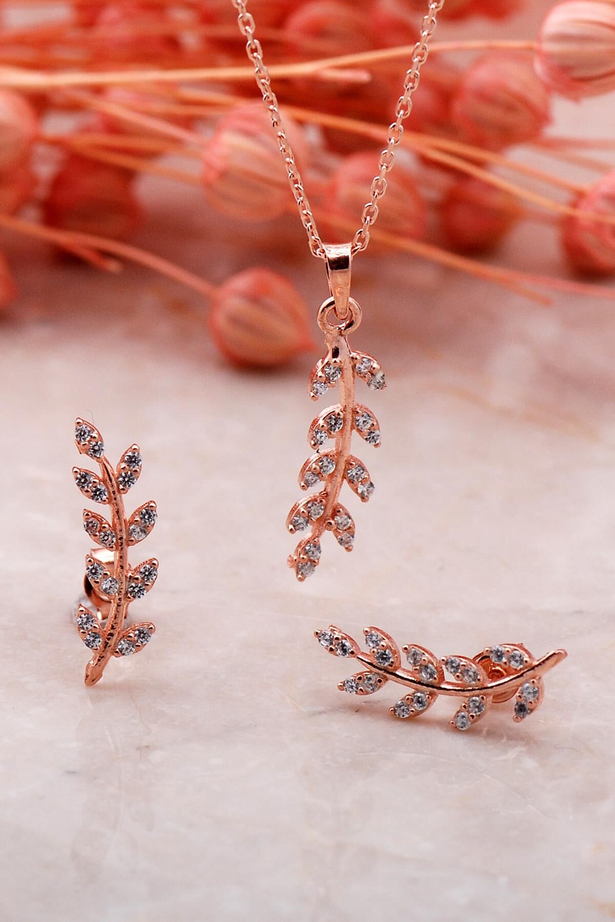 Yaprak Tasarım Beyaz Rose Gümüş İkili Set 2344