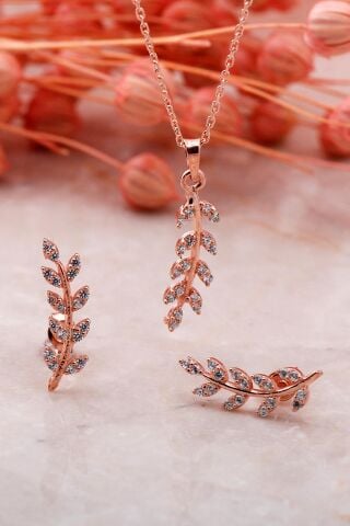 Yaprak Tasarım Beyaz Rose Gümüş İkili Set 2344