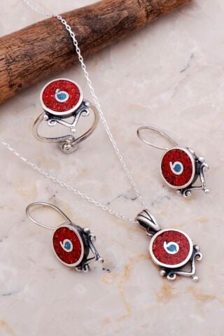 Antik Mozaik İşlemeli Mercan Taşlı Gümüş Set 2636