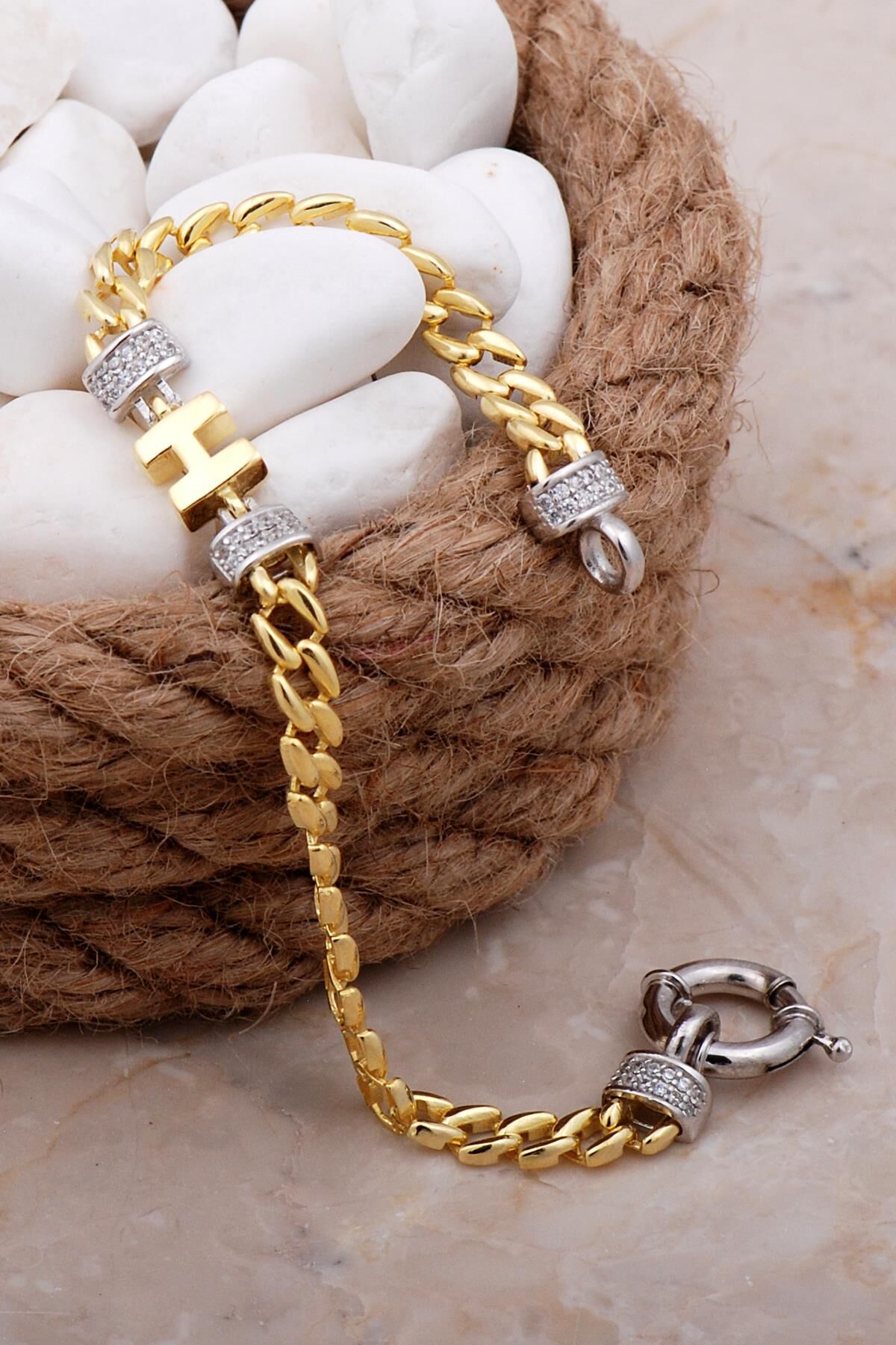 H Harfli Gurmet Altın Yaldızlı Gümüş Bileklik 4065