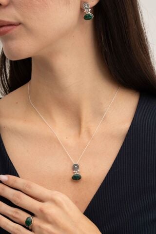 Kök Zümrüt Taşlı Antik Elişi Gümüş Set 2840