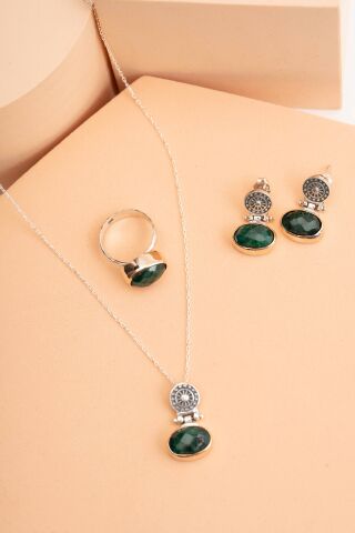 Kök Zümrüt Taşlı Antik Elişi Gümüş Set 2840