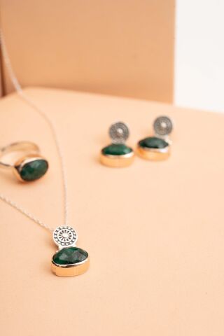 Kök Zümrüt Taşlı Antik Elişi Gümüş Set 2840