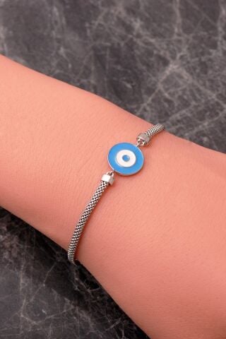 Mineli Nazar Boncuklu Rodyumlu 925 Ayar Gümüş Ezme Bileklik 4941