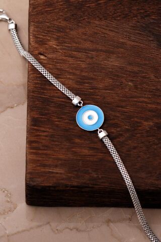 Mineli Nazar Boncuklu Rodyumlu 925 Ayar Gümüş Ezme Bileklik 4941