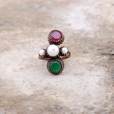 Yakut, Zümrüt  Ve İnci Taşlı Elişi Tasarım Gümüş Yüzük 2205