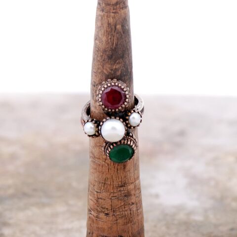 Yakut, Zümrüt  Ve İnci Taşlı Elişi Tasarım Gümüş Yüzük 2205