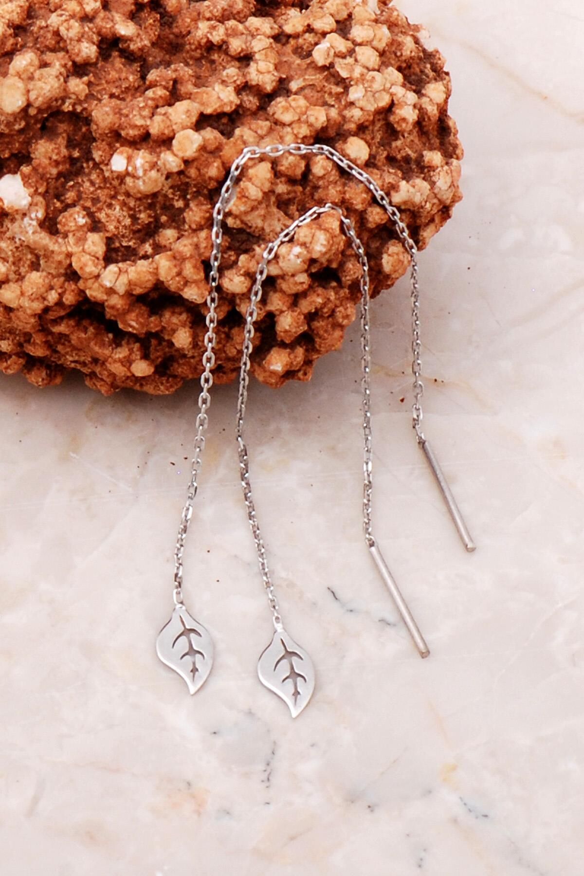 Yaprak Gümüş Zincir Küpe 5192