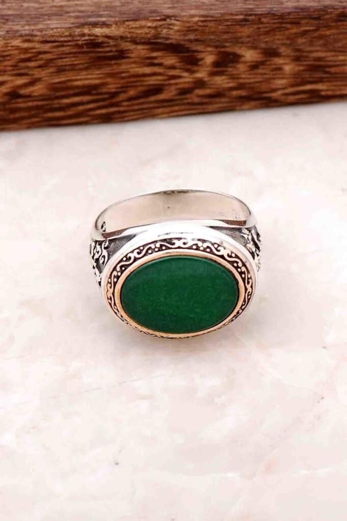 Kök Zümrüt Taşlı El Yapımı Gümüş Erkek Yüzük 275