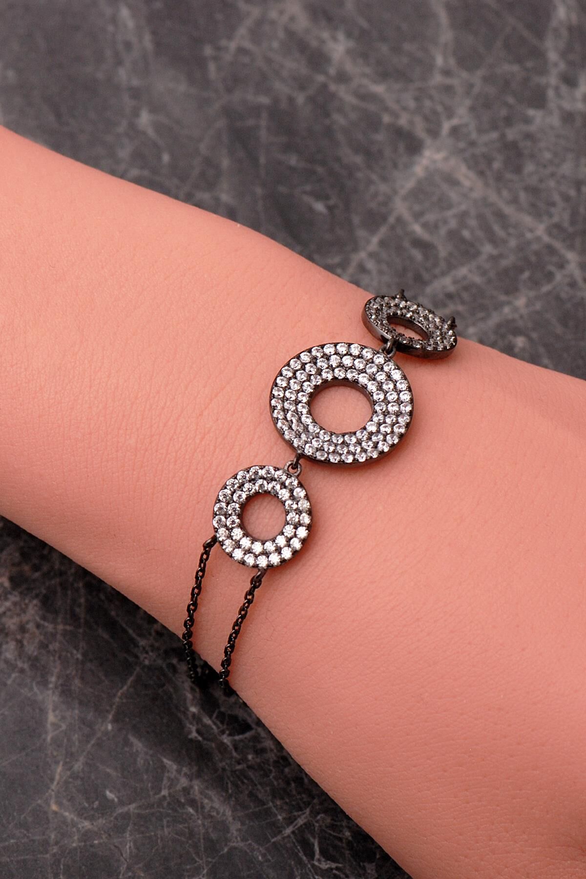 Siyah Rodaj Halka Tasarımlı 925 Ayar Gümüş Bileklik 4942