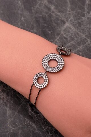 Siyah Rodaj Halka Tasarımlı 925 Ayar Gümüş Bileklik 4942