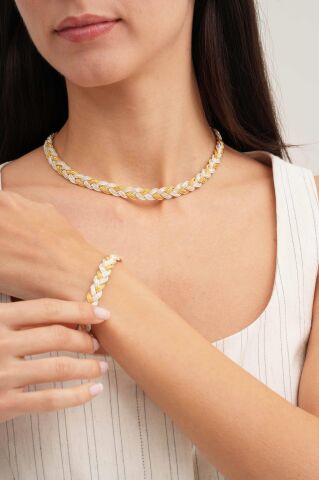 Midyat Hasırı Örgü Tasarım Elişi Altın Kaplama Gümüş Set 2842