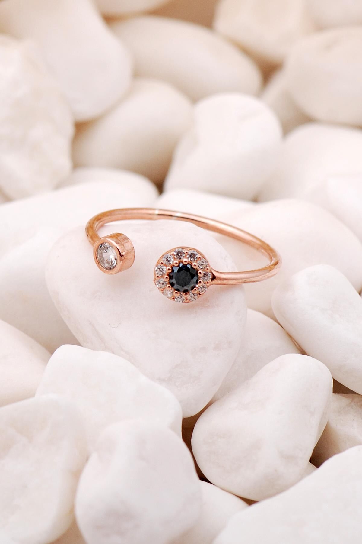 Siyah Taşlı Rose Gümüş Minimal Yüzük 3218