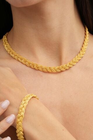 Midyat Hasırı Örgü Tasarım Elişi Altın Kaplama Gümüş Set 2843