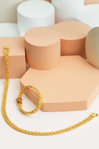 Midyat Hasırı Örgü Tasarım Elişi Altın Kaplama Gümüş Set 2843