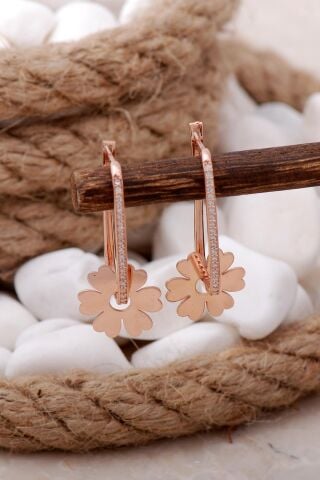 Çiçek Taşlı Rose Halka Gümüş Küpe 5746