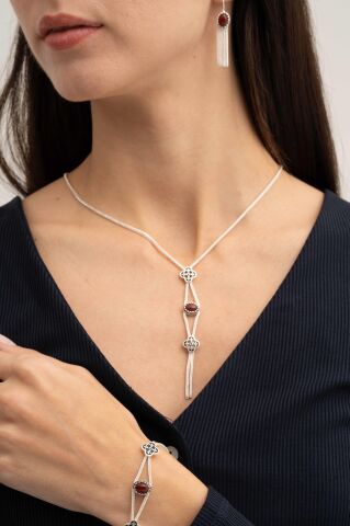 Midyat Hasırı Akik Taşlı Yonca Tasarımı Elişi Gümüş Set 2844