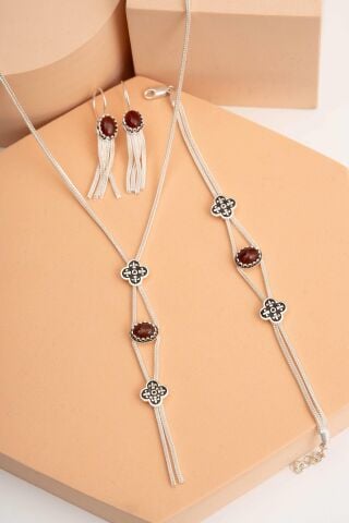 Midyat Hasırı Akik Taşlı Yonca Tasarımı Elişi Gümüş Set 2844