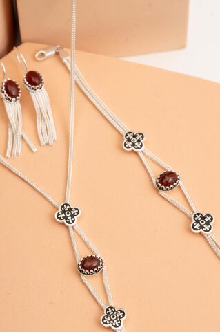 Midyat Hasırı Akik Taşlı Yonca Tasarımı Elişi Gümüş Set 2844