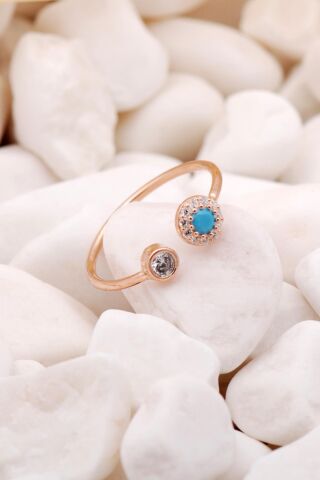 Turkuaz Taşlı Rose Gümüş Minimal Yüzük 3220