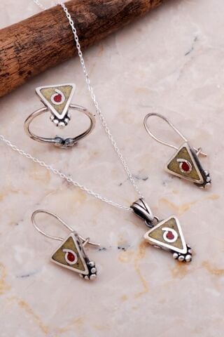 Antik Mozaik İşlemeli Sarı Kuvars Taşlı Gümüş Set 2638