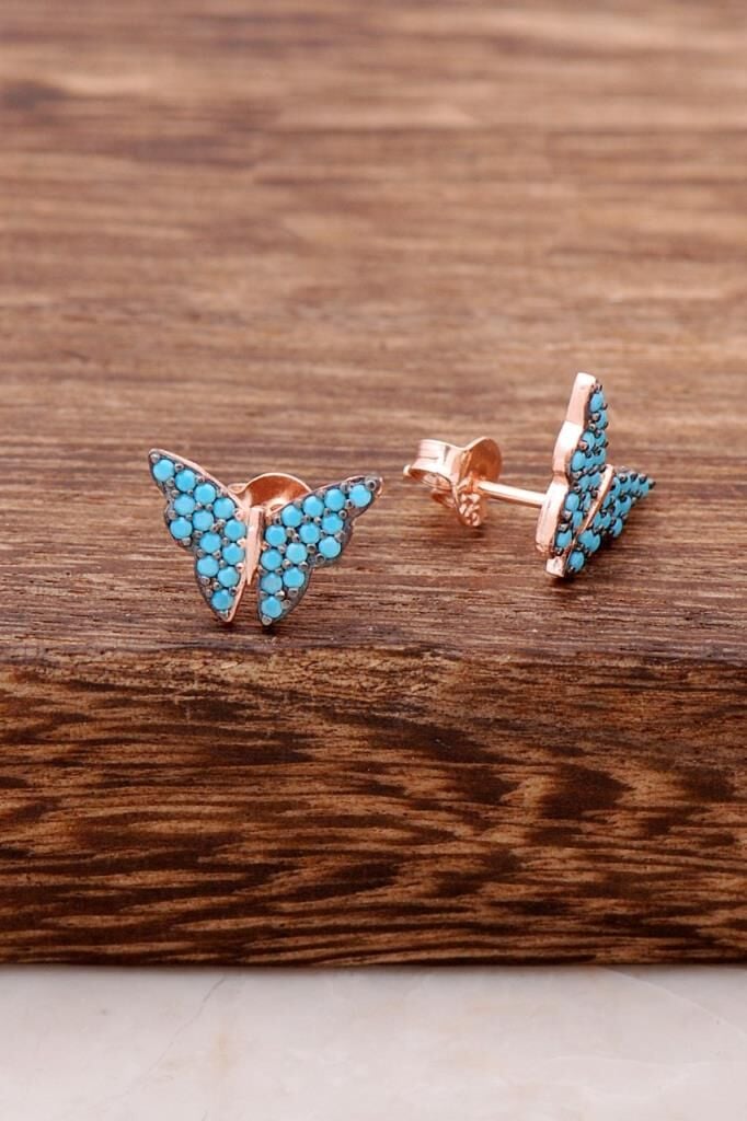 Kelebek Tasarımlı Turkuaz Taşlı Rose Gümüş Küpe 3788