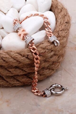 K Harfli Gurmet Rose Gümüş Bileklik 4071