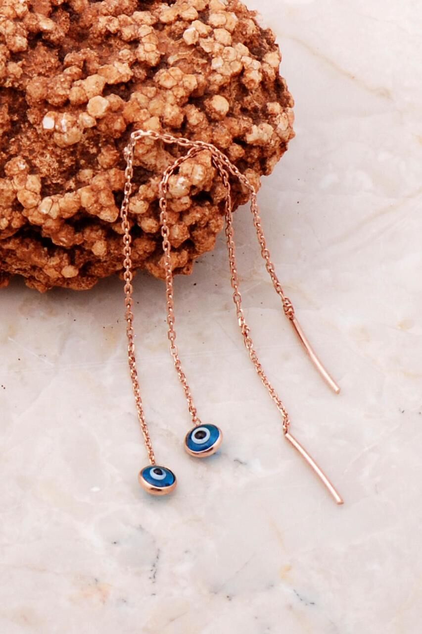 Nazar Boncuklu Rose Gümüş Zincir Küpe 5199