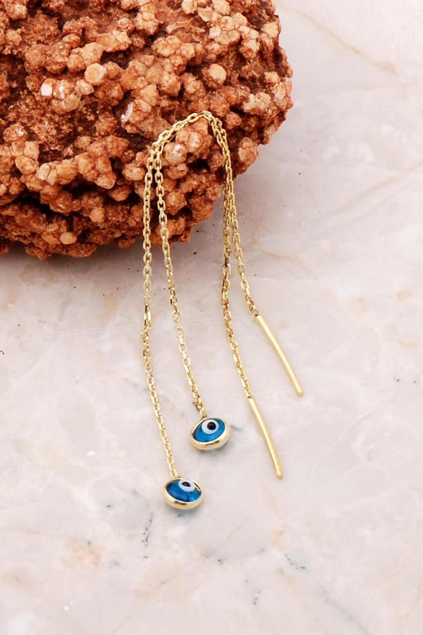 Nazar Boncuklu Altın Yaldızlı Gümüş Zincir Küpe 5200