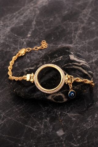 Çeyrek Çerçeveli Nazar Boncuklu Halat Zincir Altın Kaplama Gümüş Bileklik 4761