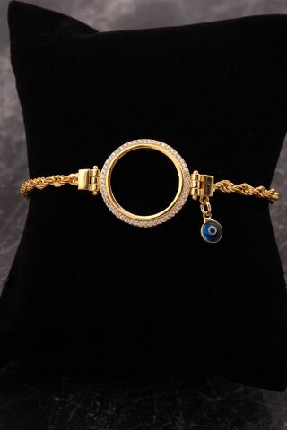 Çeyrek Çerçeveli Nazar Boncuklu Halat Zincir Altın Kaplama Gümüş Bileklik 4761