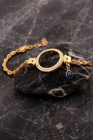 Çeyrek Çerçeveli Nazar Boncuklu Halat Zincir Altın Kaplama Gümüş Bileklik 4761