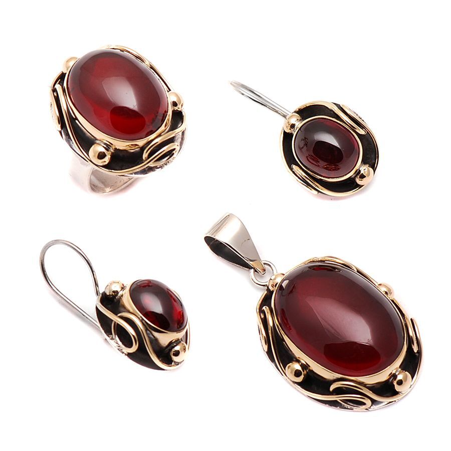 Doğal Lal Taşlı Oval Gümüş Set 585