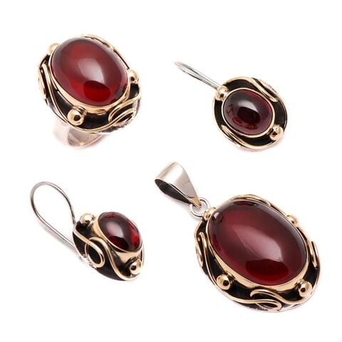 Doğal Lal Taşlı Oval Gümüş Set 585