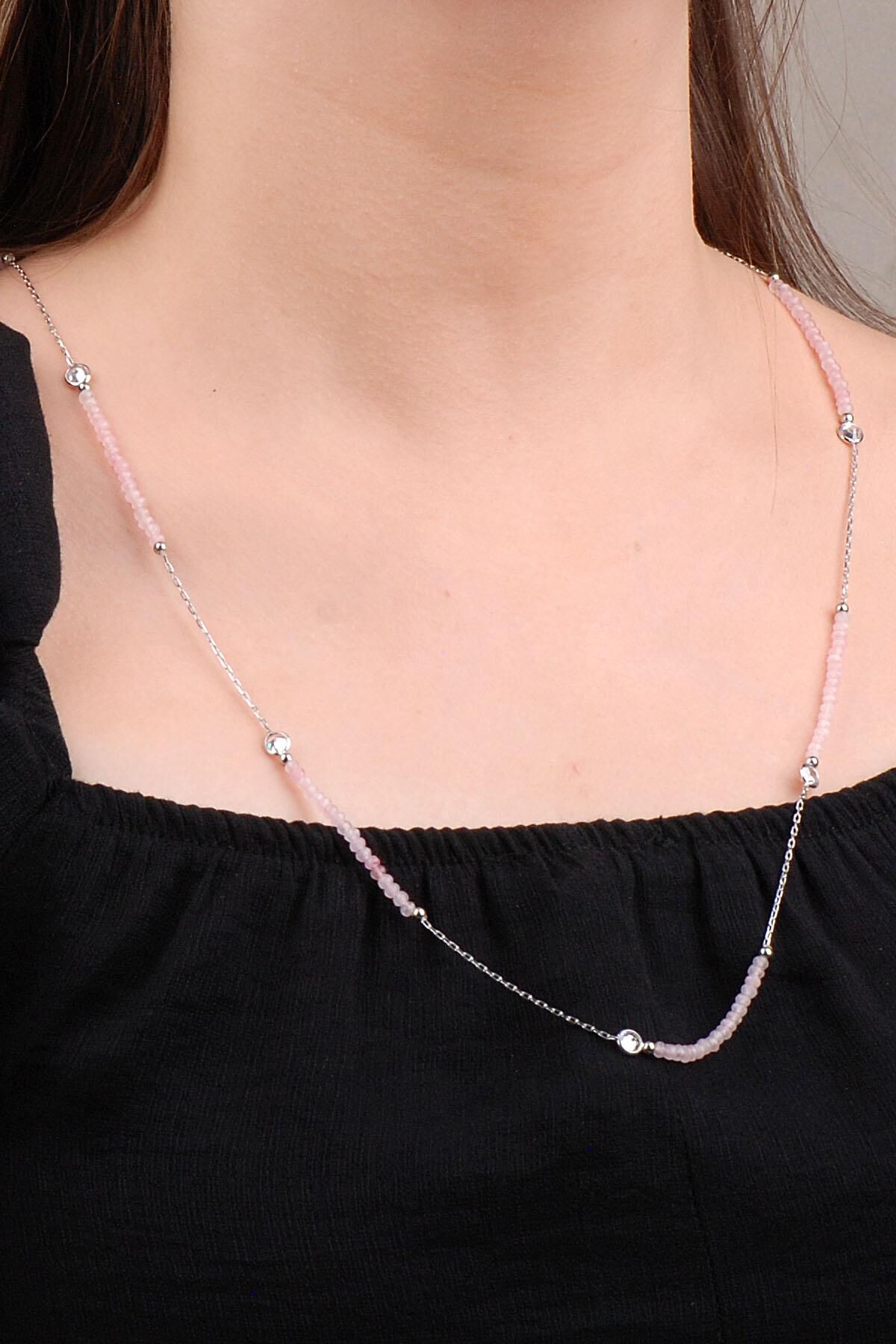 Pembe Quartz Taşlı Dizgi Gümüş Kolye 6646